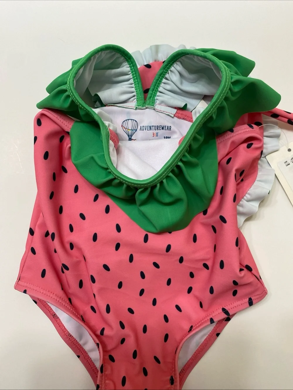Watermelon Ruffle One-Piece Swimsuit with Matching Sun Hat - Pink/Green